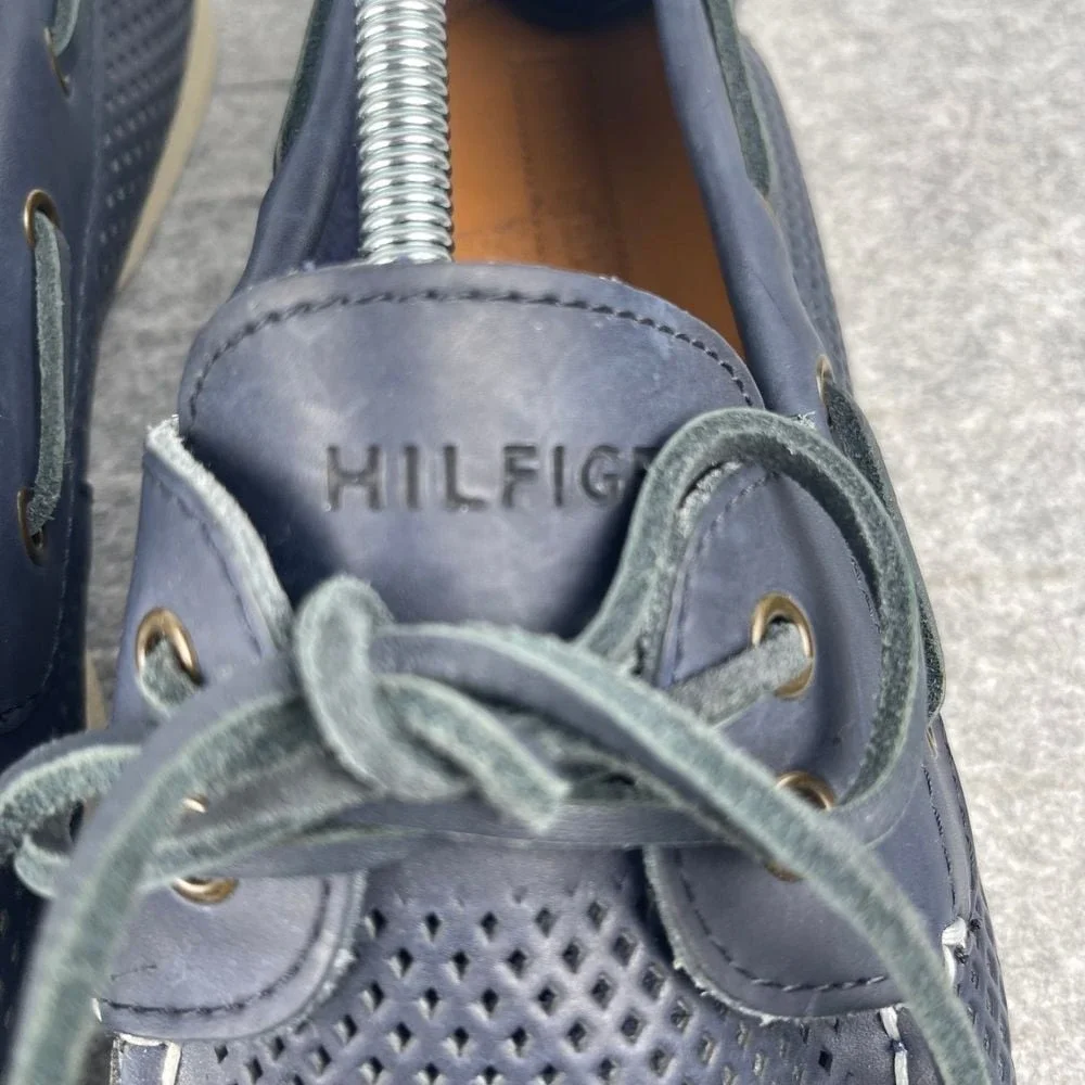 Tommy Hilfiger men's 10.5 navy blue and white boat shoes, deck loafers, leather